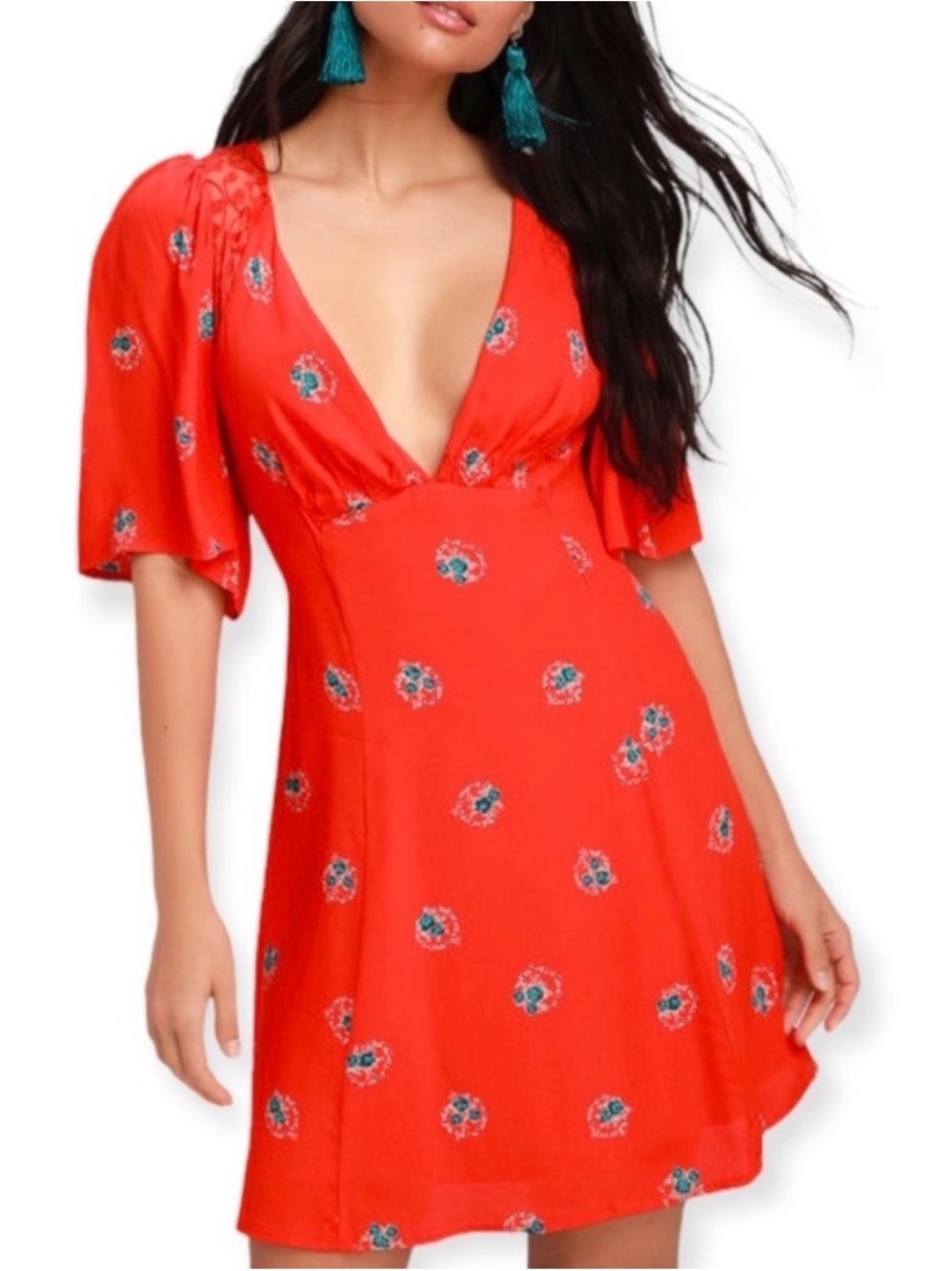 Red Floral V-Neck Mini Dress